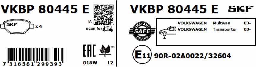 SKF VKBP 80445 E - Bremžu uzliku kompl., Disku bremzes autodraugiem.lv