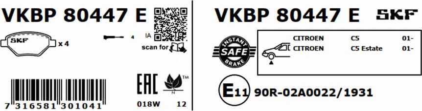 SKF VKBP 80447 E - Bremžu uzliku kompl., Disku bremzes autodraugiem.lv