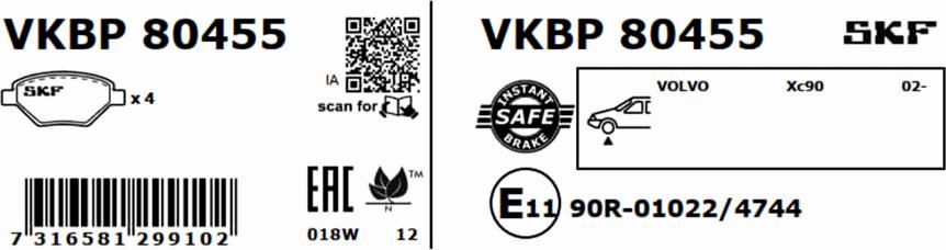 SKF VKBP 80455 - Bremžu uzliku kompl., Disku bremzes autodraugiem.lv
