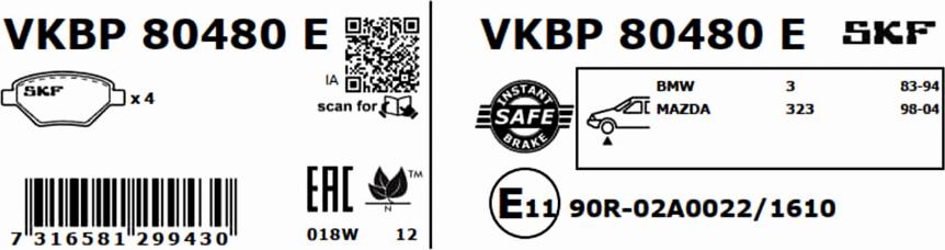 SKF VKBP 80480 E - Bremžu uzliku kompl., Disku bremzes autodraugiem.lv