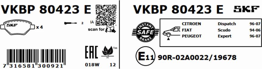 SKF VKBP 80423 E - Bremžu uzliku kompl., Disku bremzes autodraugiem.lv