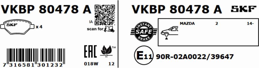 SKF VKBP 80478 A - Bremžu uzliku kompl., Disku bremzes autodraugiem.lv