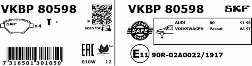 SKF VKBP 80598 - Bremžu uzliku kompl., Disku bremzes autodraugiem.lv