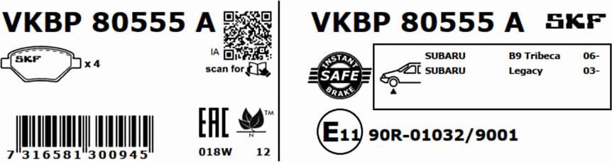 SKF VKBP 80555 A - Bremžu uzliku kompl., Disku bremzes autodraugiem.lv