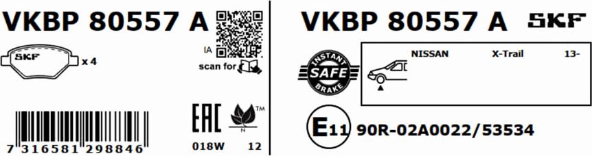 SKF VKBP 80557 A - Bremžu uzliku kompl., Disku bremzes autodraugiem.lv