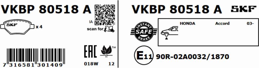 SKF VKBP 80518 A - Bremžu uzliku kompl., Disku bremzes autodraugiem.lv