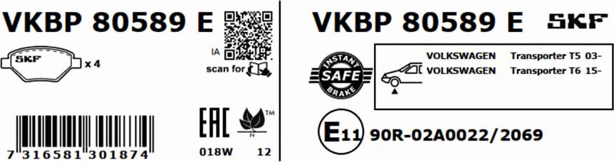 SKF VKBP 80589 E - Bremžu uzliku kompl., Disku bremzes autodraugiem.lv