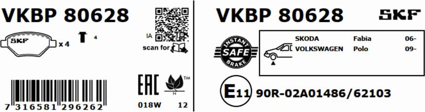 SKF VKBP 80628 - Bremžu uzliku kompl., Disku bremzes autodraugiem.lv