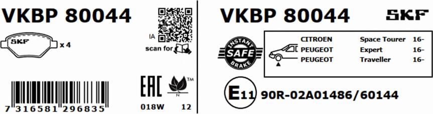 SKF VKBP 80044 - Bremžu uzliku kompl., Disku bremzes autodraugiem.lv