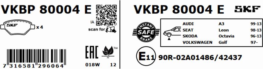 SKF VKBP 80004 E - Bremžu uzliku kompl., Disku bremzes autodraugiem.lv