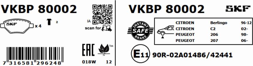 SKF VKBP 80002 - Bremžu uzliku kompl., Disku bremzes autodraugiem.lv