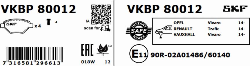 SKF VKBP 80012 - Bremžu uzliku kompl., Disku bremzes autodraugiem.lv