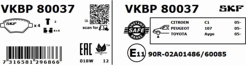 SKF VKBP 80037 - Bremžu uzliku kompl., Disku bremzes autodraugiem.lv