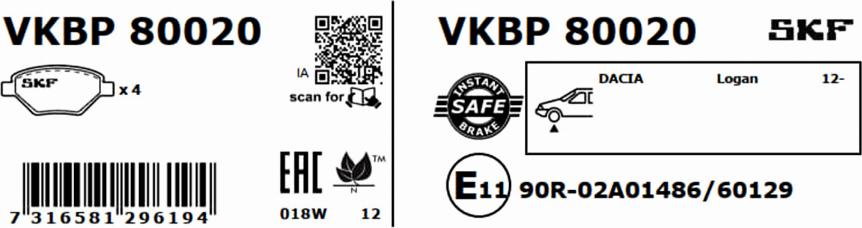 SKF VKBP 80020 - Bremžu uzliku kompl., Disku bremzes autodraugiem.lv