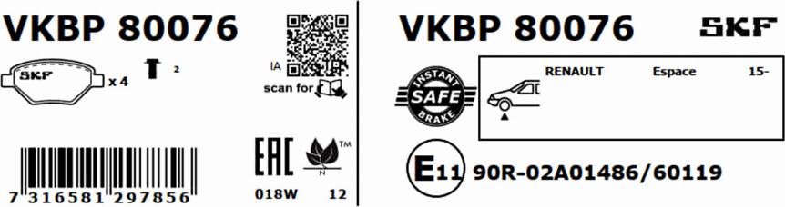 SKF VKBP 80076 - Bremžu uzliku kompl., Disku bremzes autodraugiem.lv