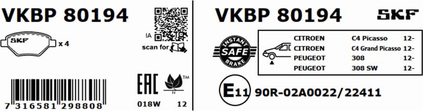 SKF VKBP 80194 - Bremžu uzliku kompl., Disku bremzes autodraugiem.lv