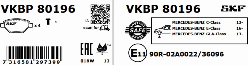 SKF VKBP 80196 - Bremžu uzliku kompl., Disku bremzes autodraugiem.lv