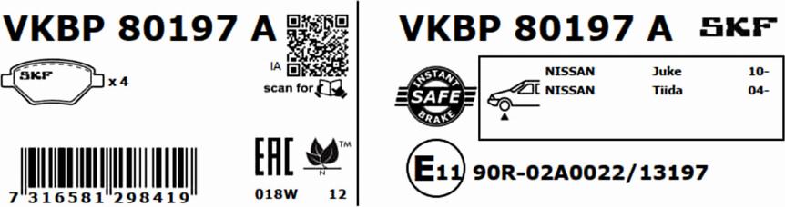 SKF VKBP 80197 A - Bremžu uzliku kompl., Disku bremzes autodraugiem.lv