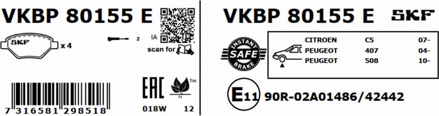 SKF VKBP 80155 E - Bremžu uzliku kompl., Disku bremzes autodraugiem.lv