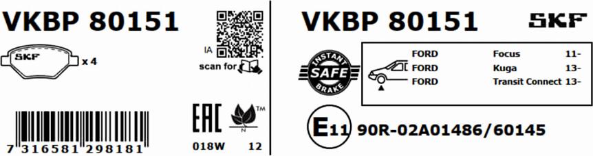 SKF VKBP 80151 - Bremžu uzliku kompl., Disku bremzes autodraugiem.lv