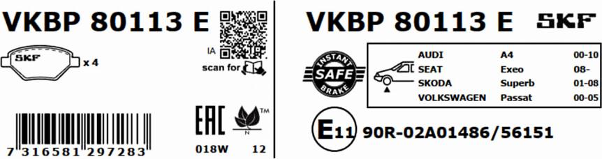 SKF VKBP 80113 E - Bremžu uzliku kompl., Disku bremzes autodraugiem.lv