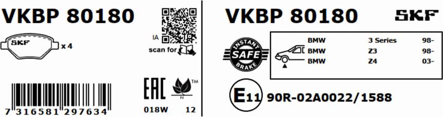 SKF VKBP 80180 - Bremžu uzliku kompl., Disku bremzes autodraugiem.lv