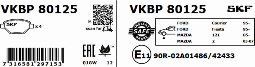 SKF VKBP 80125 - Bremžu uzliku kompl., Disku bremzes autodraugiem.lv