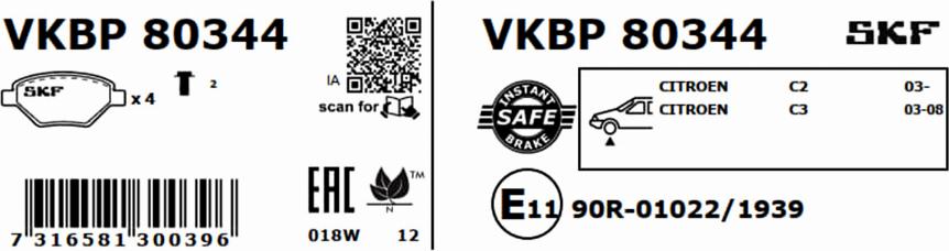 SKF VKBP 80344 - Bremžu uzliku kompl., Disku bremzes autodraugiem.lv