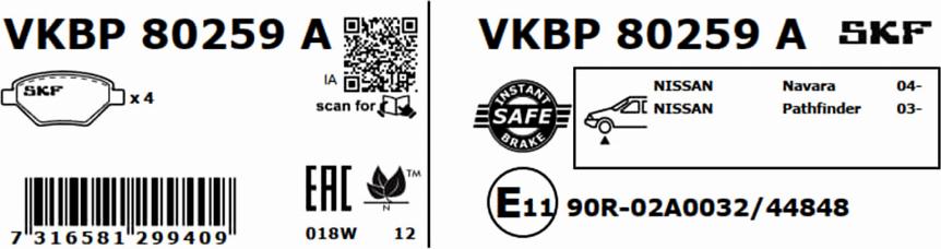 SKF VKBP 80259 A - Bremžu uzliku kompl., Disku bremzes autodraugiem.lv