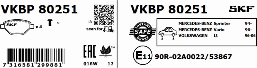 SKF VKBP 80251 - Bremžu uzliku kompl., Disku bremzes autodraugiem.lv