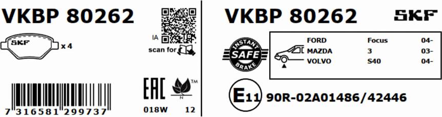 SKF VKBP 80262 - Bremžu uzliku kompl., Disku bremzes autodraugiem.lv