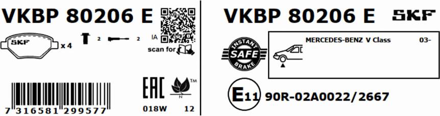 SKF VKBP 80206 E - Bremžu uzliku kompl., Disku bremzes autodraugiem.lv