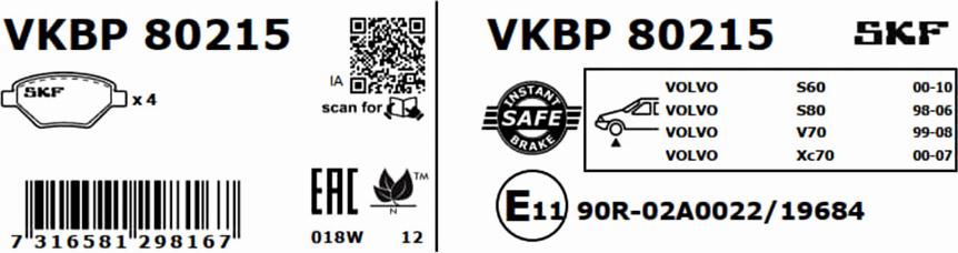 SKF VKBP 80215 - Bremžu uzliku kompl., Disku bremzes autodraugiem.lv