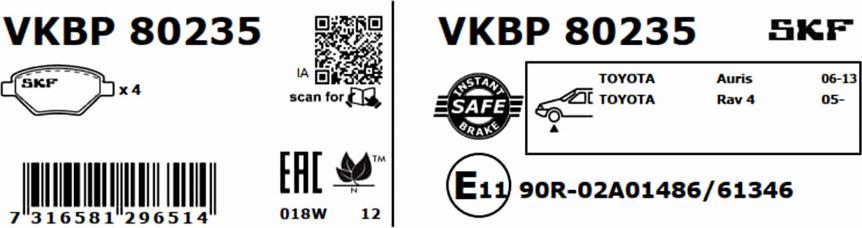 SKF VKBP 80235 - Bremžu uzliku kompl., Disku bremzes autodraugiem.lv
