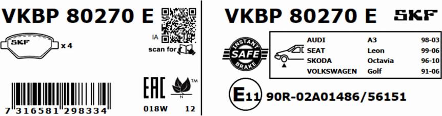 SKF VKBP 80270 E - Bremžu uzliku kompl., Disku bremzes autodraugiem.lv