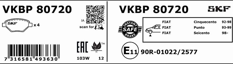 SKF VKBP 80720 - Bremžu uzliku kompl., Disku bremzes autodraugiem.lv