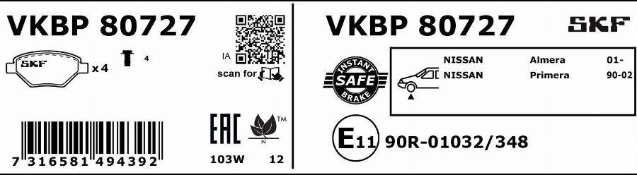 SKF VKBP 80727 - Bremžu uzliku kompl., Disku bremzes autodraugiem.lv