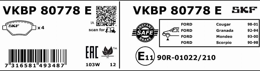 SKF VKBP 80778 E - Bremžu uzliku kompl., Disku bremzes autodraugiem.lv