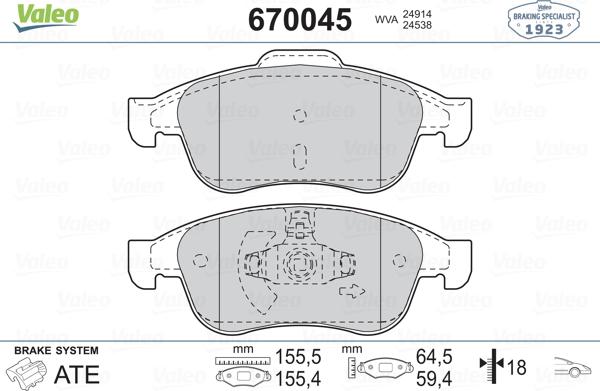 Valeo 670045 - Bremžu uzliku kompl., Disku bremzes autodraugiem.lv